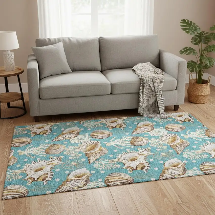 Aqua Ivory And Beige Geometric Washable Area Rug With UV Protection Photo 1