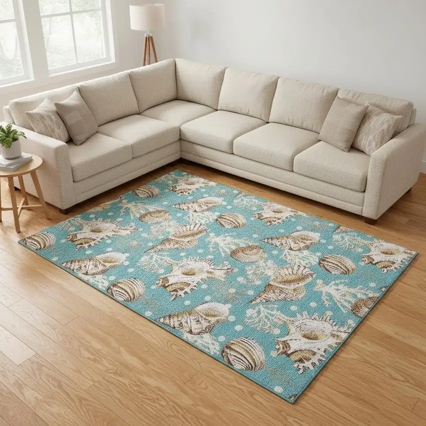 Aqua Ivory And Beige Geometric Washable Area Rug With UV Protection Photo 1