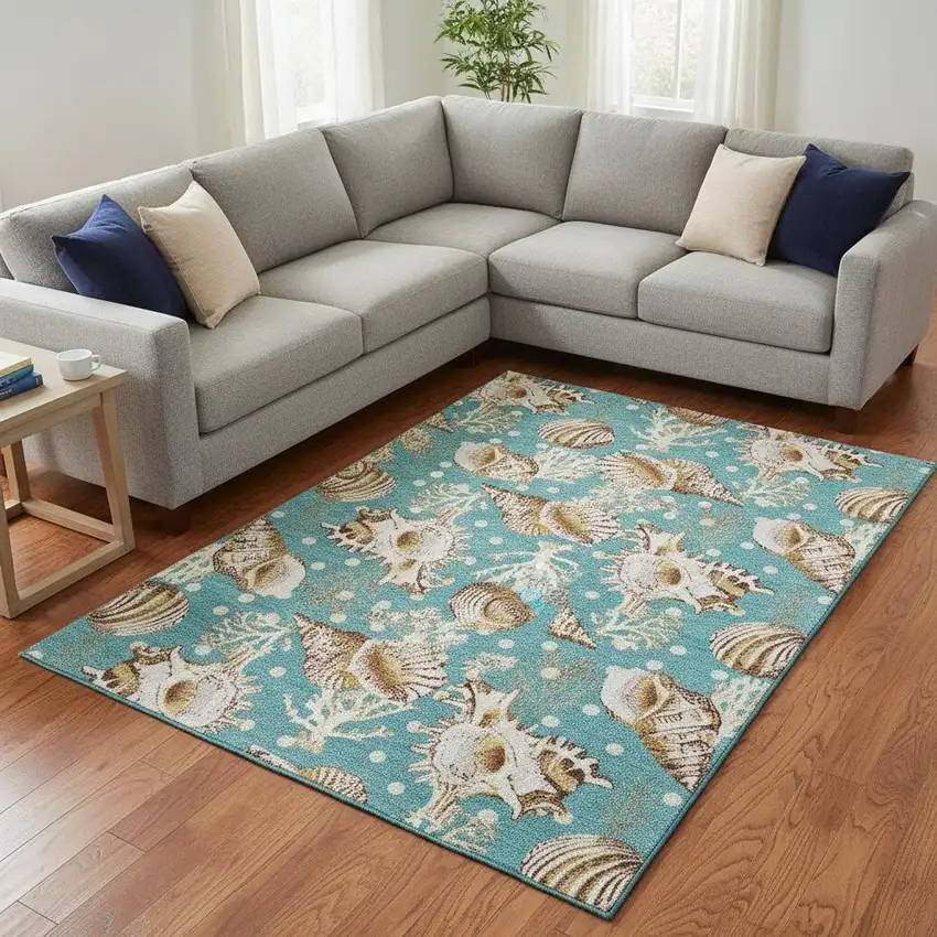 Aqua Ivory And Beige Geometric Washable Area Rug With UV Protection Photo 1