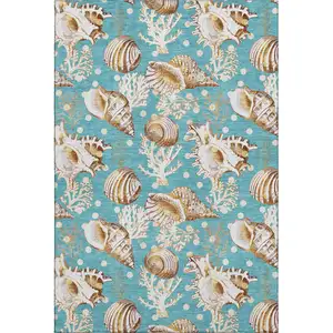 Photo of Aqua Ivory And Beige Geometric Washable Area Rug With UV Protection