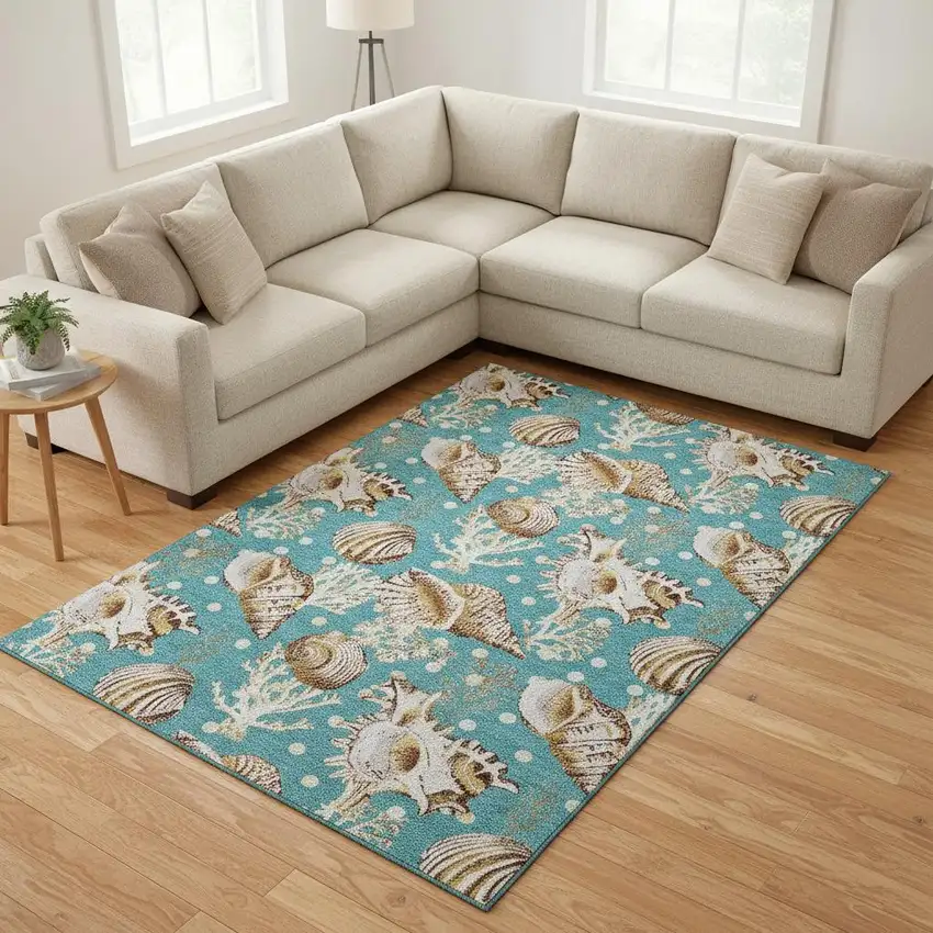 Aqua Ivory And Beige Geometric Washable Area Rug With UV Protection Photo 1