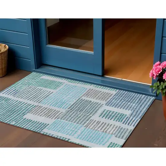 Aqua Ivory And Gray Geometric Washable Indoor Outdoor Area Rug Photo 2