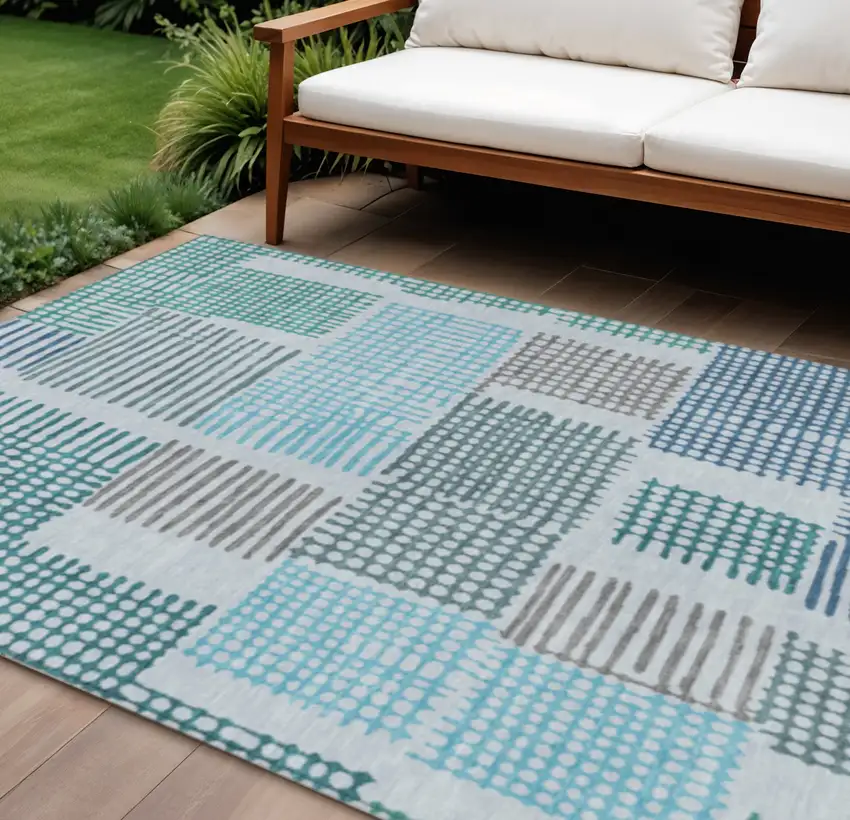 Aqua Ivory And Gray Geometric Washable Indoor Outdoor Area Rug Photo 2