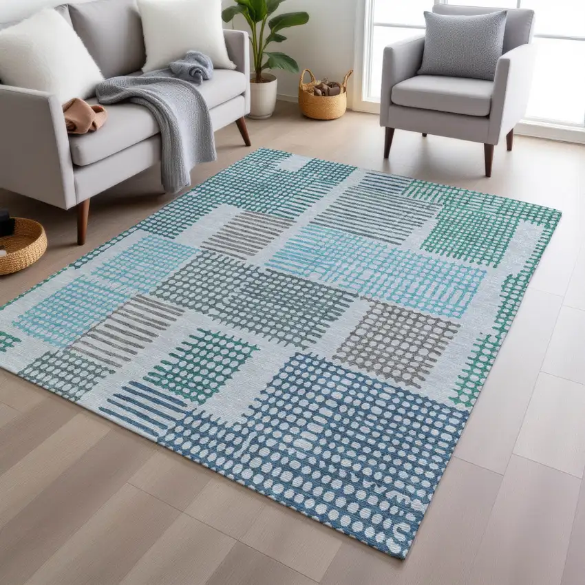 Aqua Ivory And Gray Geometric Washable Indoor Outdoor Area Rug Photo 6
