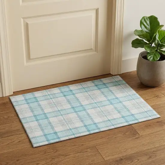 Aqua Ivory And Gray Plaid Washable Area Rug With UV Protection Photo 1