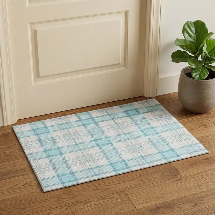 Aqua Ivory And Gray Plaid Washable Area Rug With UV Protection Photo 1