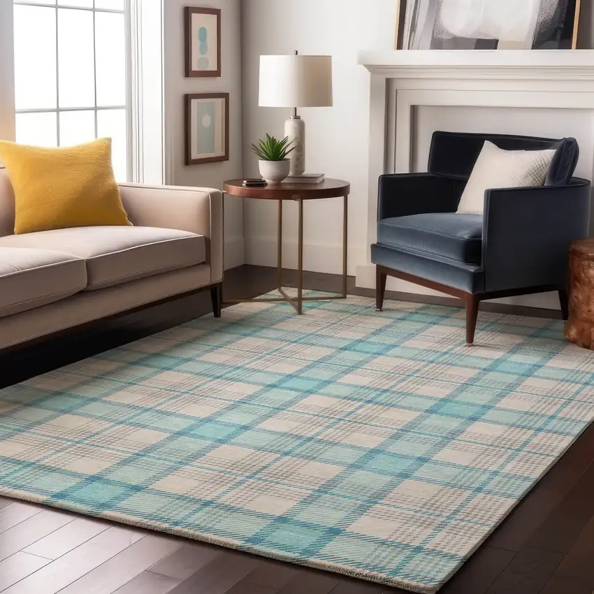 Aqua Ivory And Gray Plaid Washable Area Rug With UV Protection Photo 4