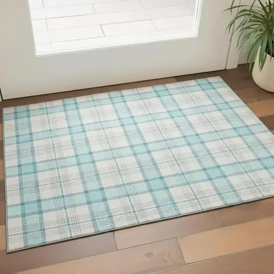 Aqua Ivory And Gray Plaid Washable Area Rug With UV Protection Photo 2