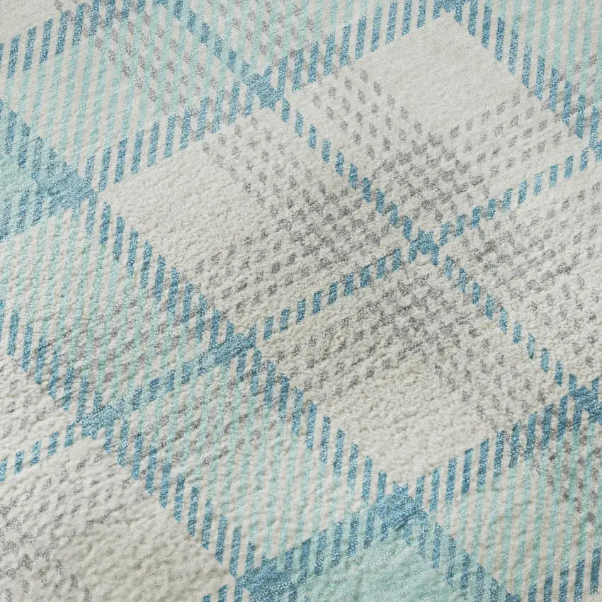 Aqua Ivory And Gray Plaid Washable Area Rug With UV Protection Photo 9