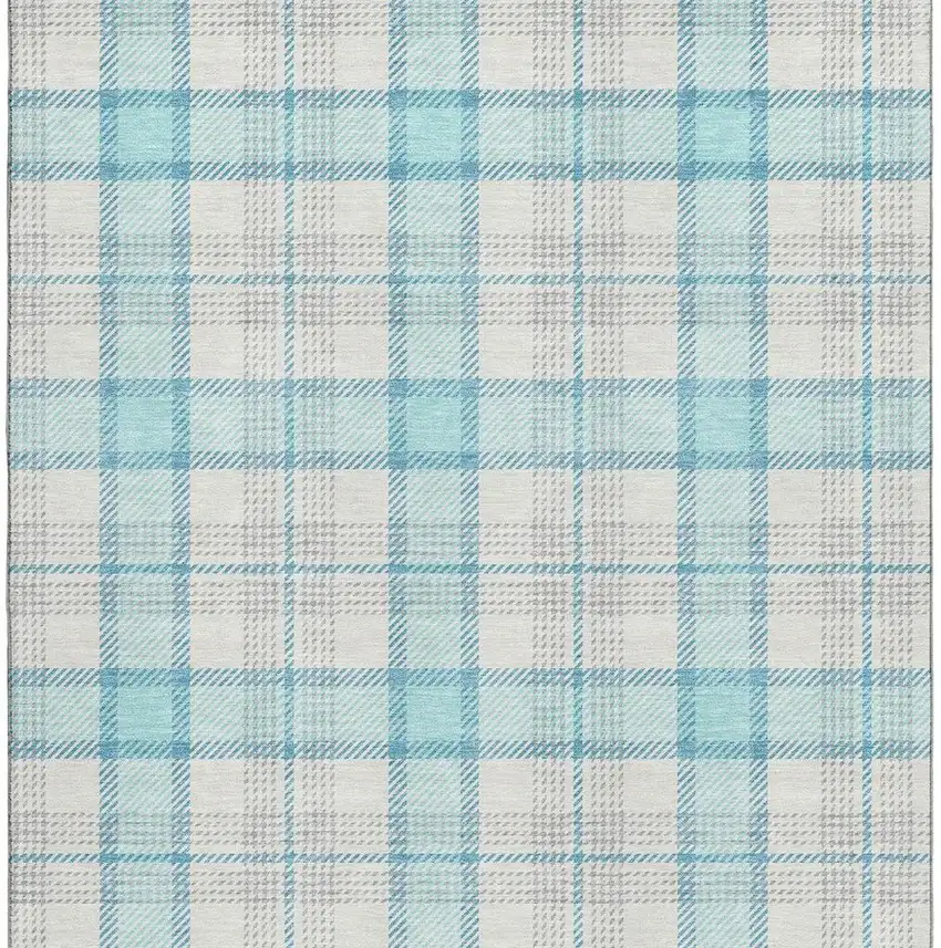 Aqua Ivory And Gray Plaid Washable Area Rug With UV Protection Photo 2