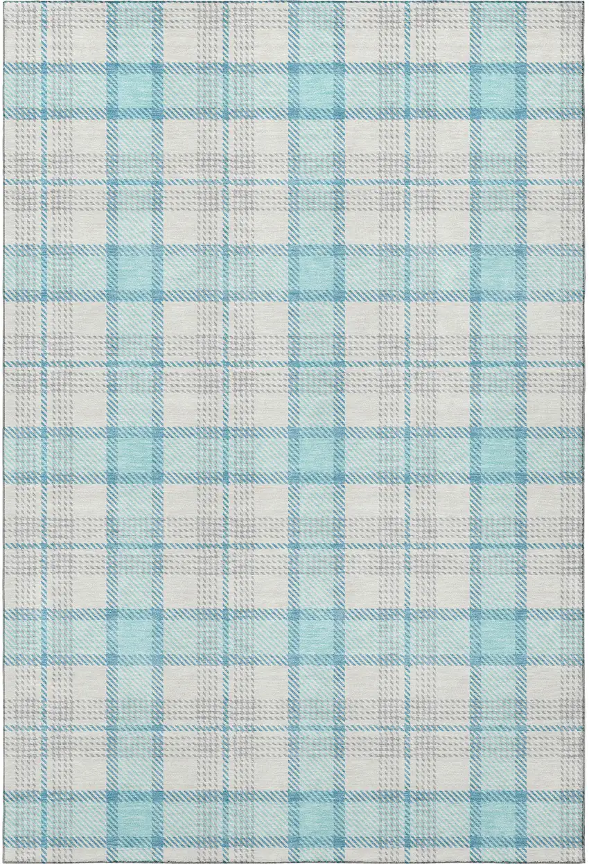 Aqua Ivory And Gray Plaid Washable Area Rug With UV Protection Photo 2