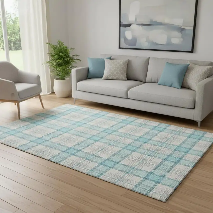 Aqua Ivory And Gray Plaid Washable Area Rug With UV Protection Photo 2