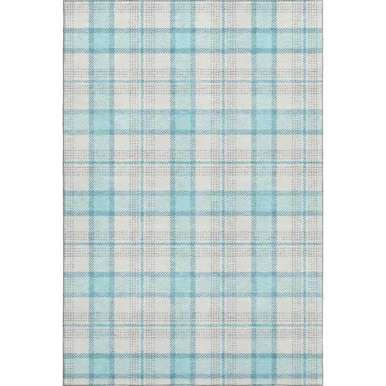 Aqua Ivory And Gray Plaid Washable Area Rug With UV Protection Photo 1