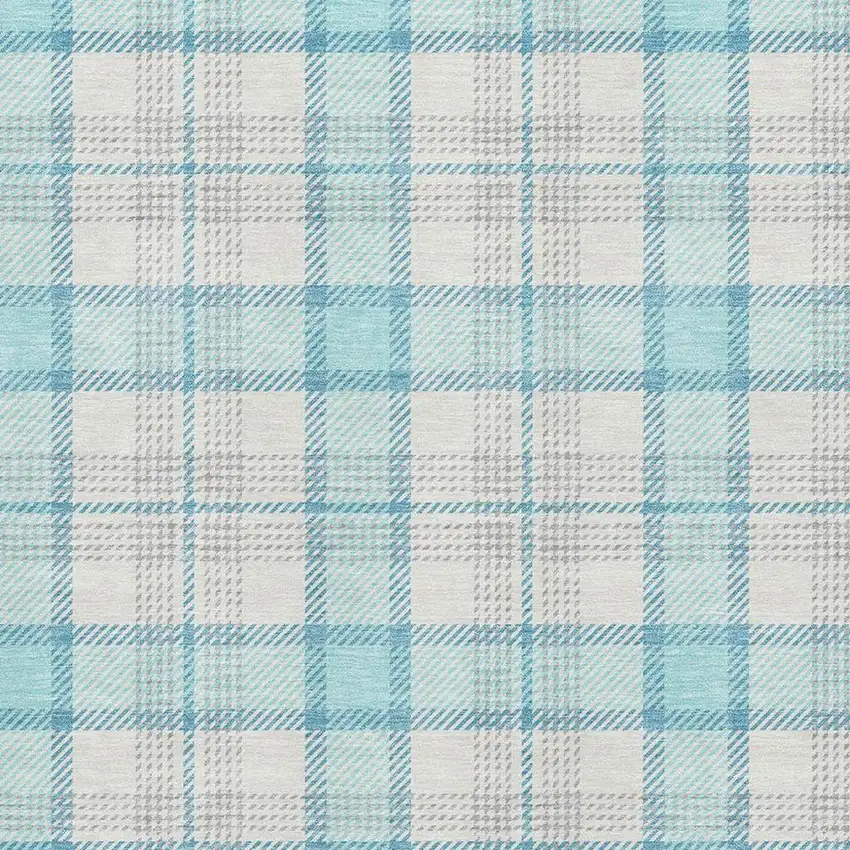 Aqua Ivory And Gray Plaid Washable Area Rug With UV Protection Photo 2
