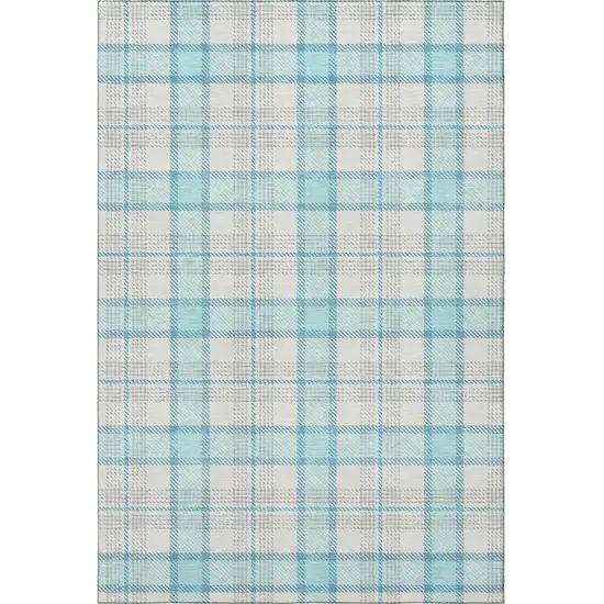 Aqua Ivory And Gray Plaid Washable Area Rug With UV Protection Photo 3