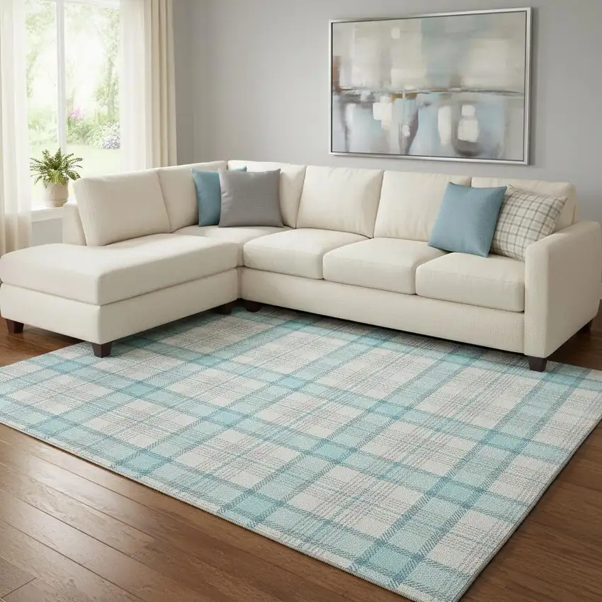 Aqua Ivory And Gray Plaid Washable Area Rug With UV Protection Photo 2