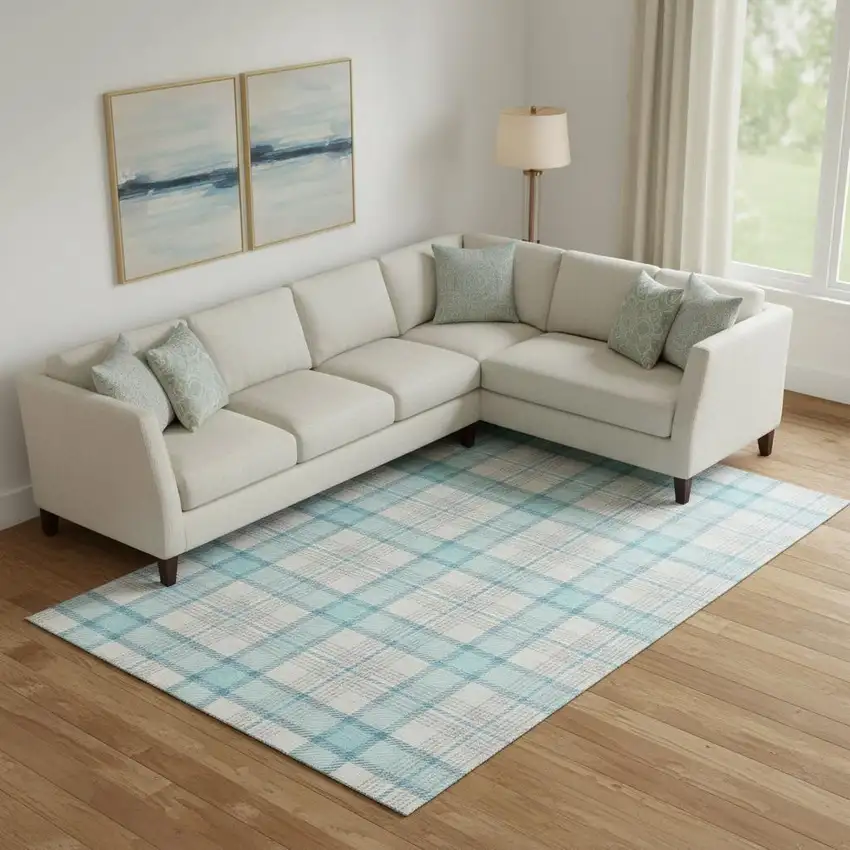 Aqua Ivory And Gray Plaid Washable Area Rug With UV Protection Photo 2