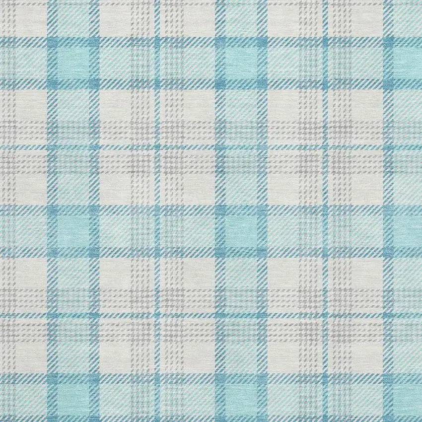 Aqua Ivory And Gray Plaid Washable Area Rug With UV Protection Photo 2