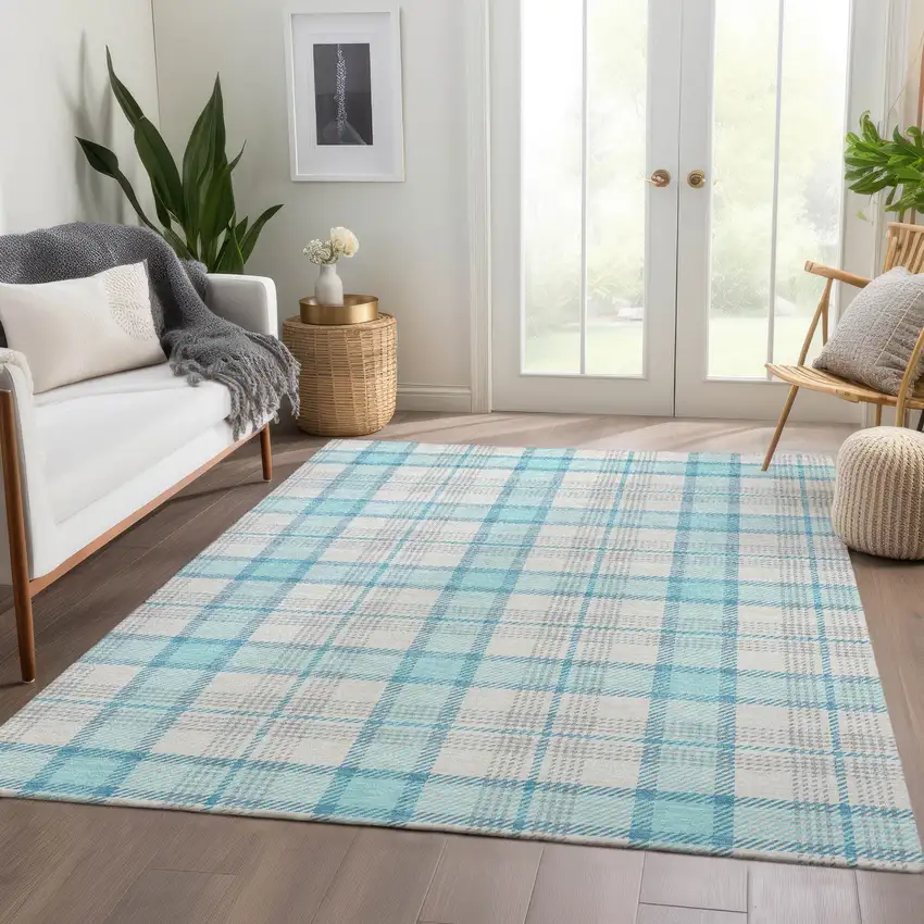 Aqua Ivory And Gray Plaid Washable Area Rug With UV Protection Photo 6