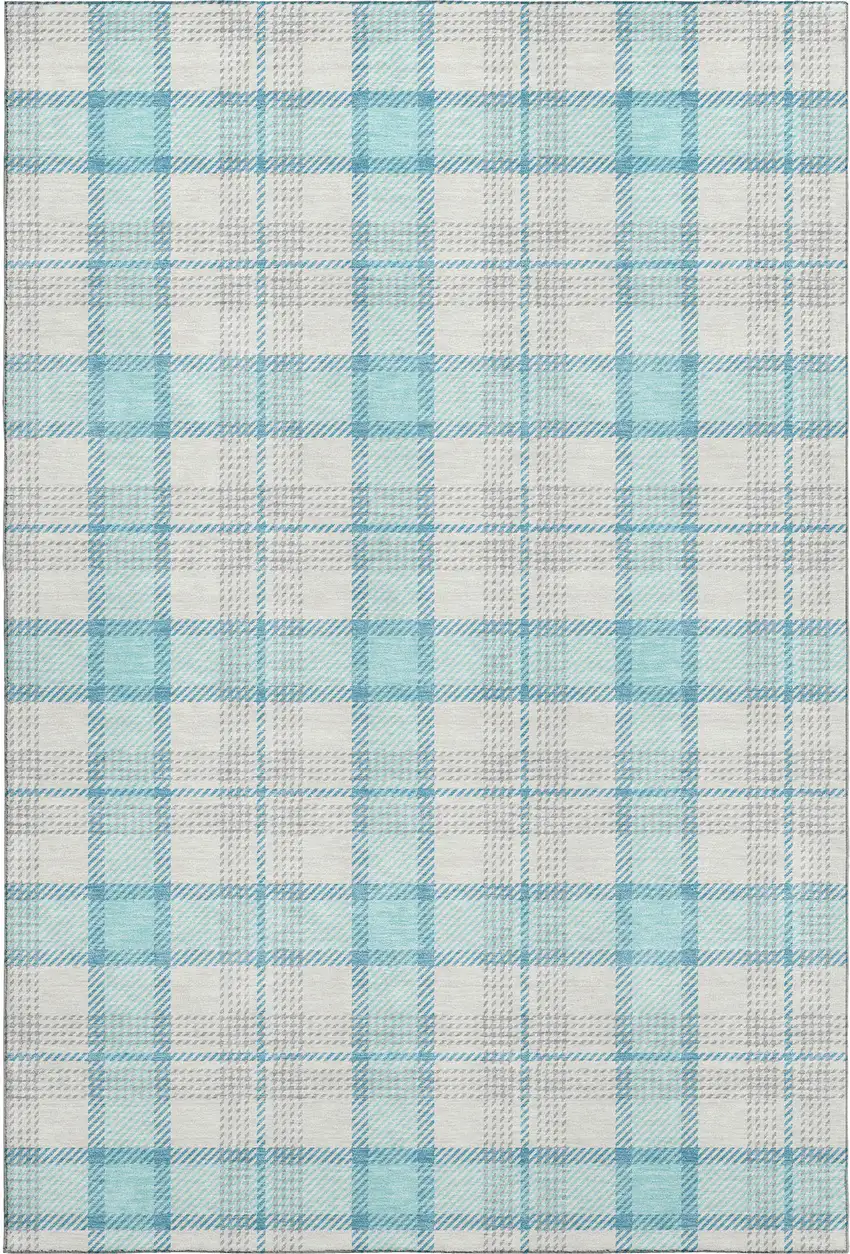 Aqua Ivory And Gray Plaid Washable Area Rug With UV Protection Photo 1