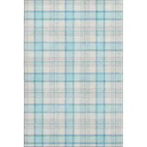 Photo of Aqua Ivory And Gray Plaid Washable Area Rug With UV Protection