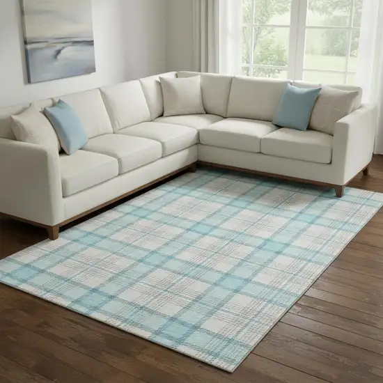 Aqua Ivory And Gray Plaid Washable Area Rug With UV Protection Photo 2