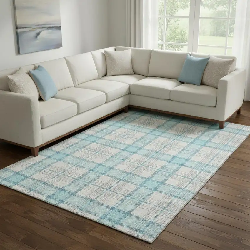 Aqua Ivory And Gray Plaid Washable Area Rug With UV Protection Photo 2