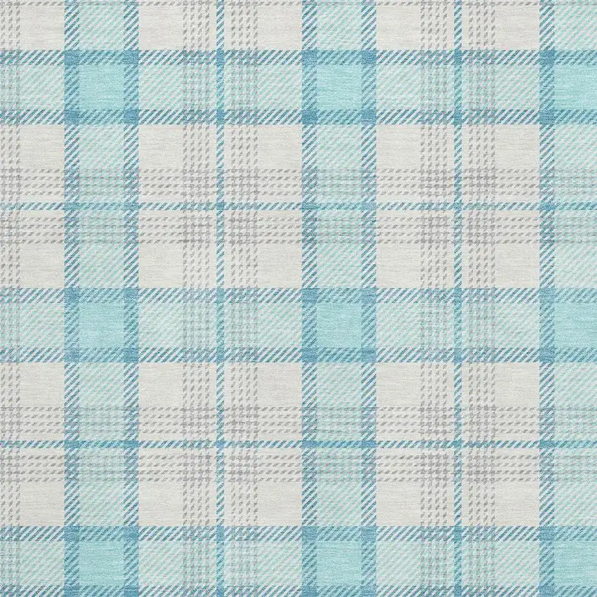 Aqua Ivory And Gray Plaid Washable Area Rug With UV Protection Photo 2