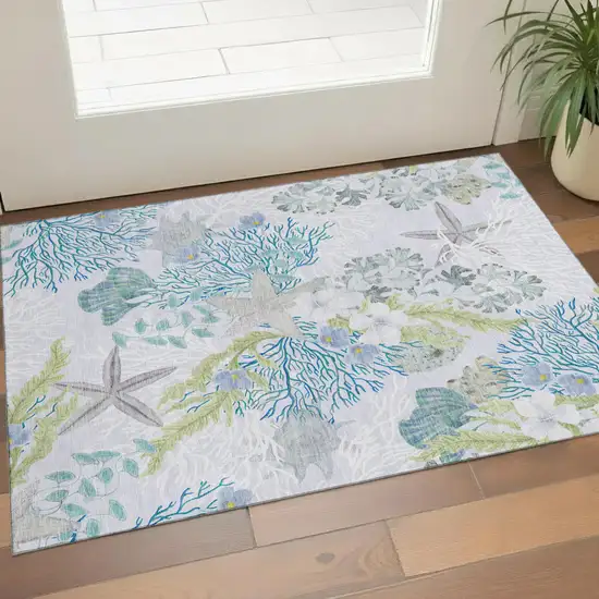 Aqua Ivory And Green Geometric Washable Area Rug With UV Protection Photo 1