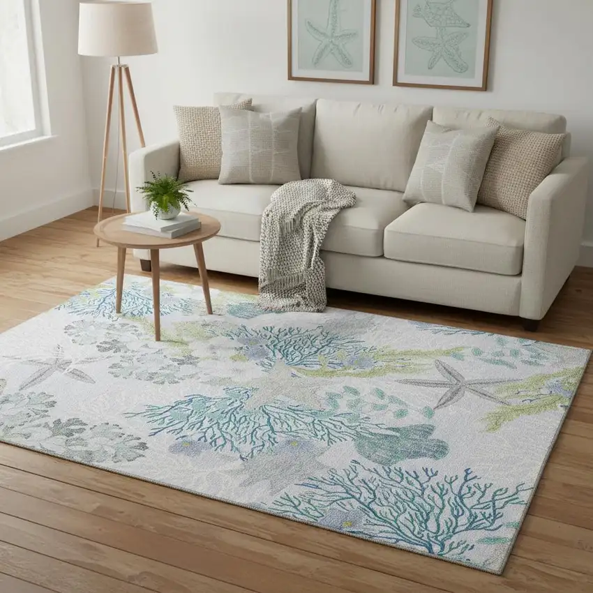 Aqua Ivory And Green Geometric Washable Area Rug With UV Protection Photo 1