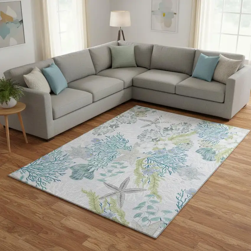 Aqua Ivory And Green Geometric Washable Area Rug With UV Protection Photo 1