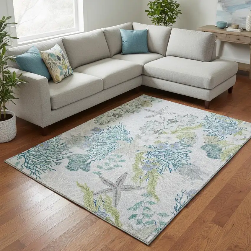 Aqua Ivory And Green Geometric Washable Area Rug With UV Protection Photo 1