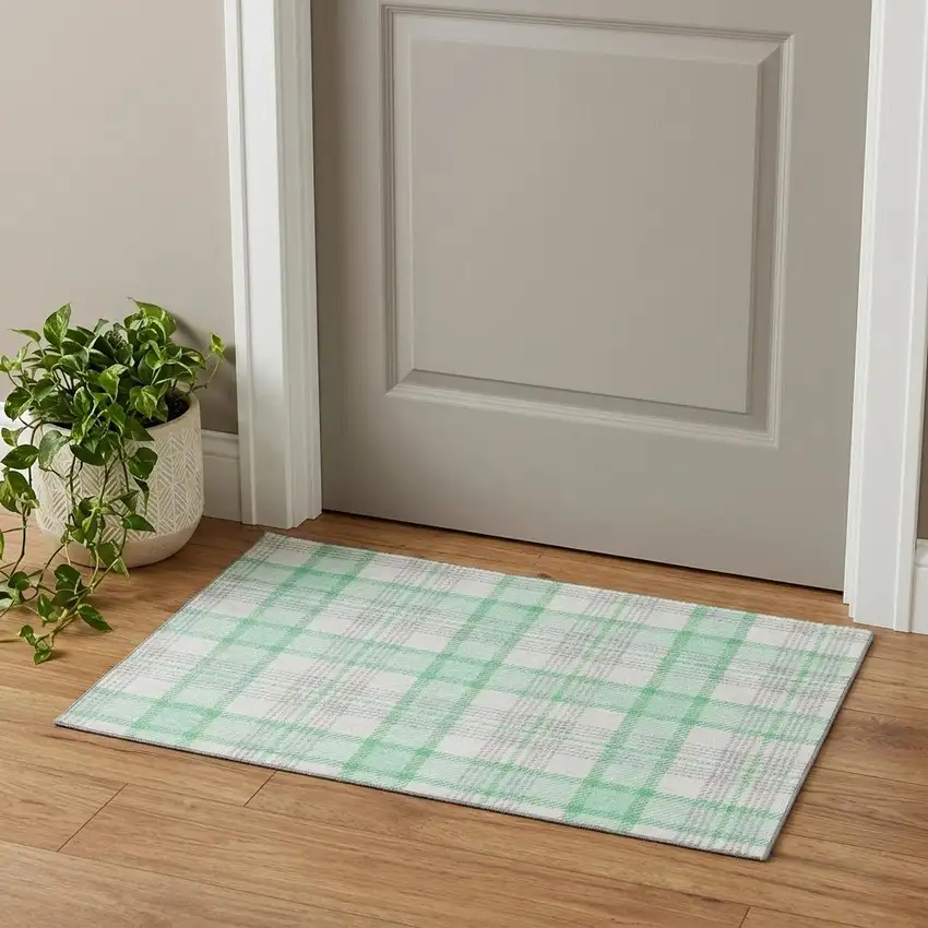 Aqua Ivory And Green Plaid Washable Area Rug With UV Protection Photo 1