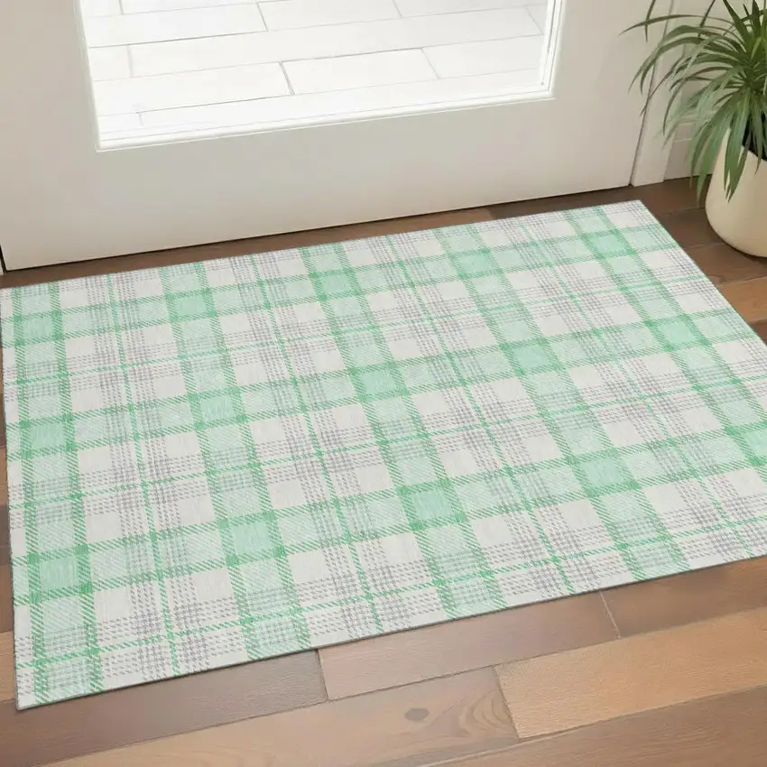 Aqua Ivory And Green Plaid Washable Area Rug With UV Protection Photo 1