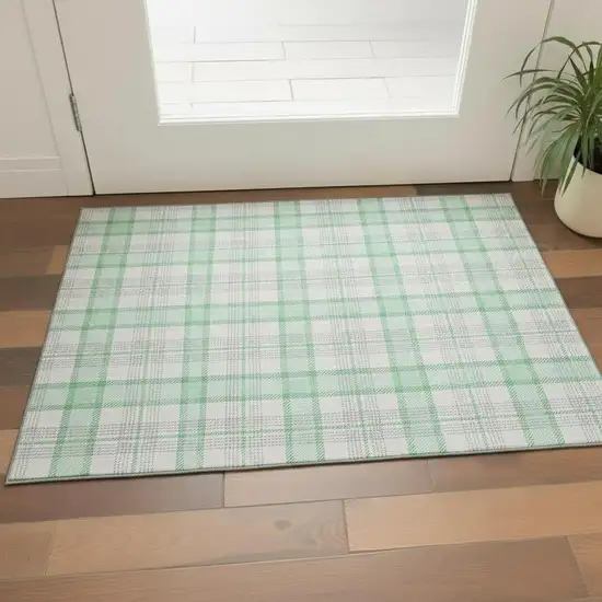 Aqua Ivory And Green Plaid Washable Area Rug With UV Protection Photo 2