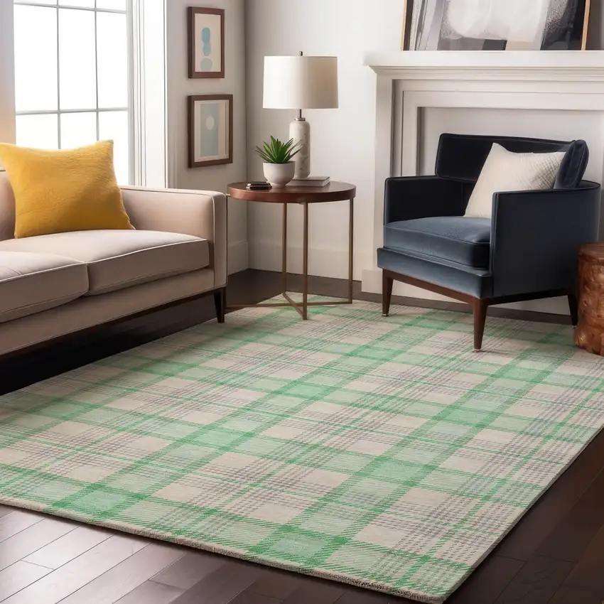 Aqua Ivory And Green Plaid Washable Area Rug With UV Protection Photo 3