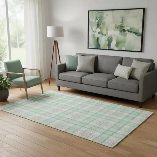 Aqua Ivory And Green Plaid Washable Area Rug With UV Protection Photo 2