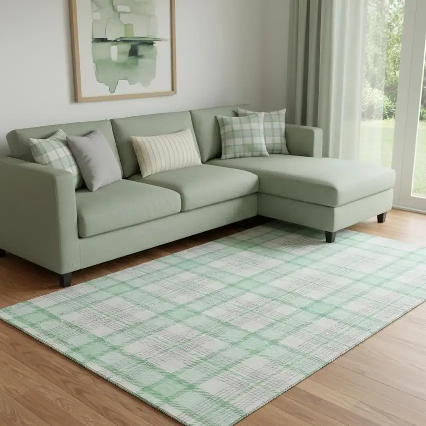 Aqua Ivory And Green Plaid Washable Area Rug With UV Protection Photo 2