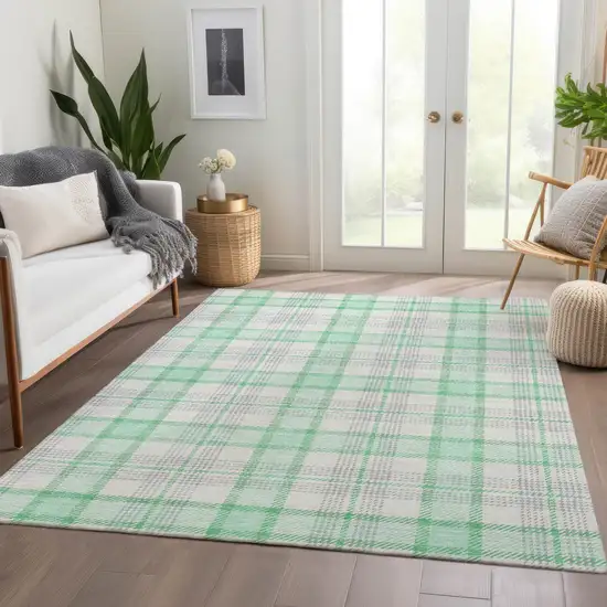 Aqua Ivory And Green Plaid Washable Area Rug With UV Protection Photo 5
