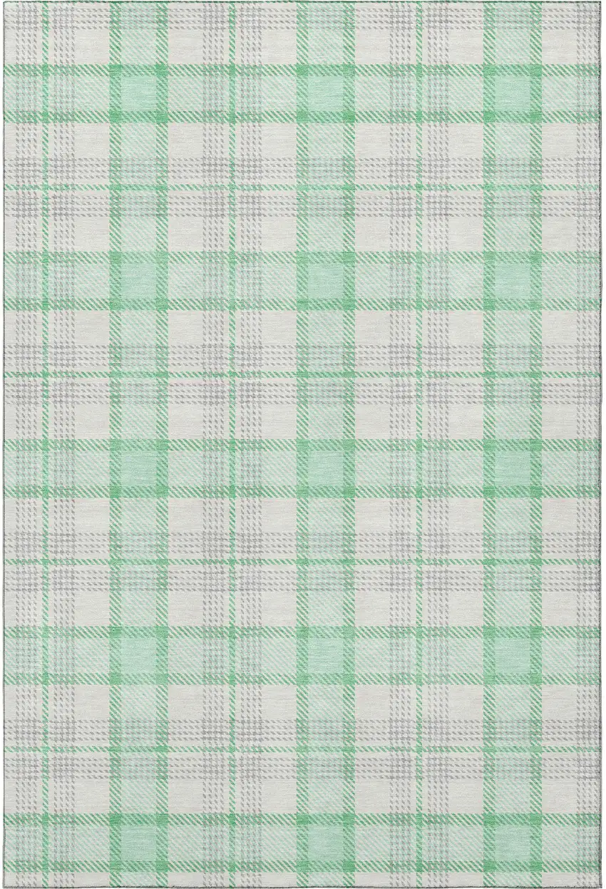 Aqua Ivory And Green Plaid Washable Area Rug With UV Protection Photo 3