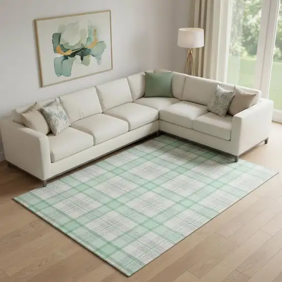 Aqua Ivory And Green Plaid Washable Area Rug With UV Protection Photo 2