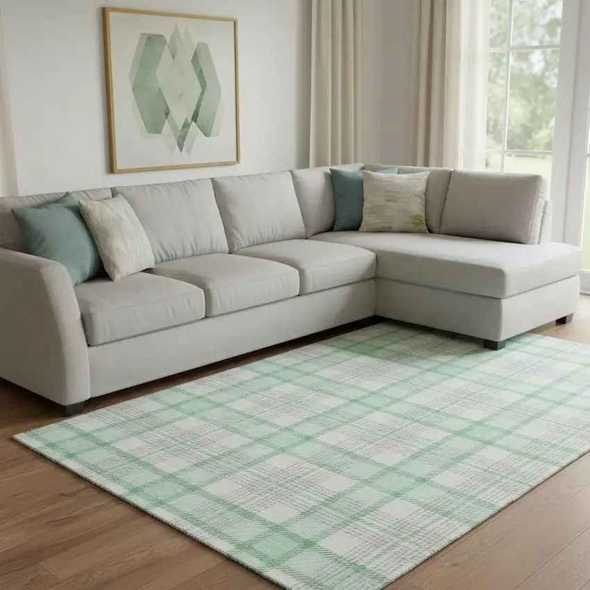 Aqua Ivory And Green Plaid Washable Area Rug With UV Protection Photo 2