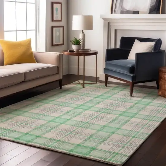 Aqua Ivory And Green Plaid Washable Area Rug With UV Protection Photo 4