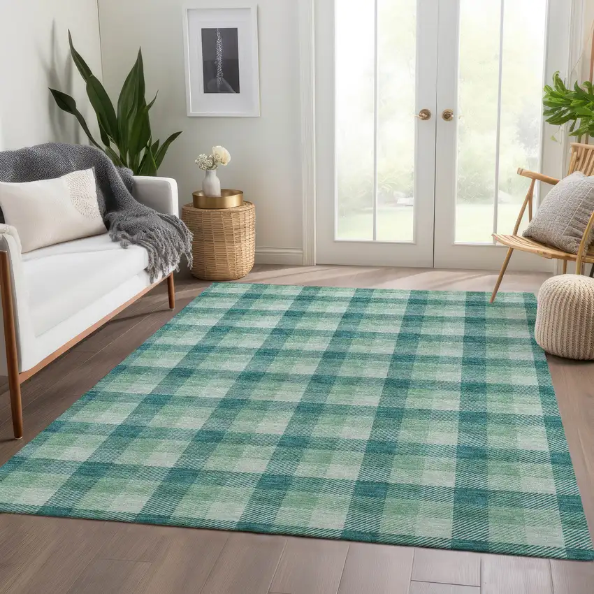 Aqua Ivory And Green Plaid Washable Area Rug With UV Protection Photo 5