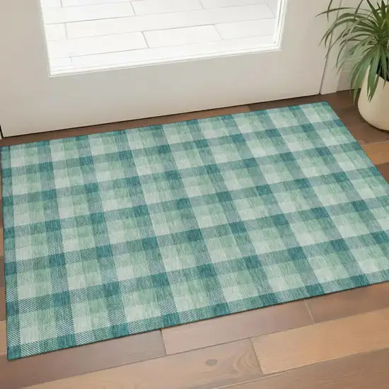 Aqua Ivory And Green Plaid Washable Area Rug With UV Protection Photo 1