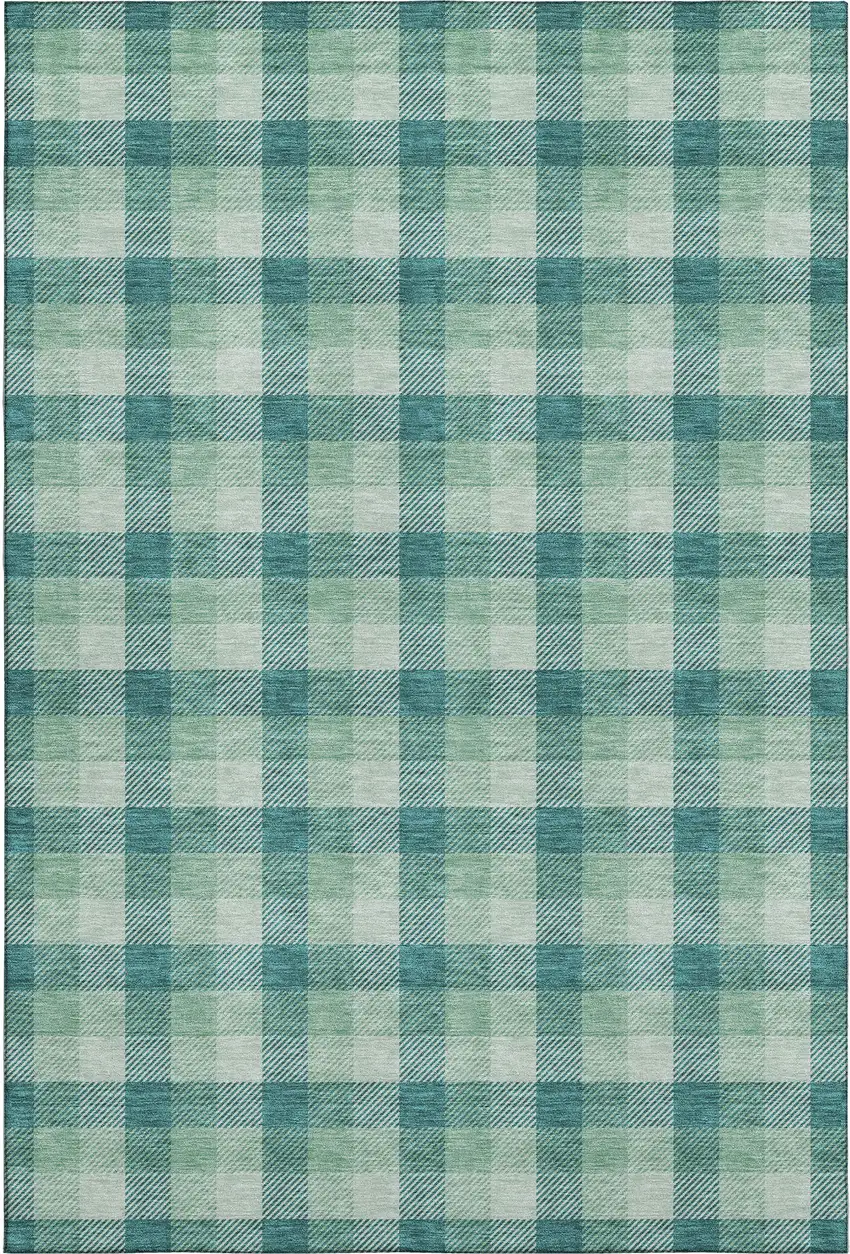 Aqua Ivory And Green Plaid Washable Area Rug With UV Protection Photo 1