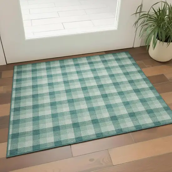 Aqua Ivory And Green Plaid Washable Area Rug With UV Protection Photo 2