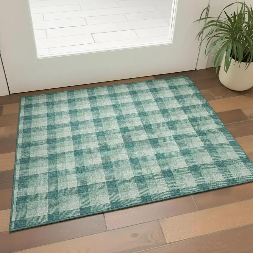 Aqua Ivory And Green Plaid Washable Area Rug With UV Protection Photo 2