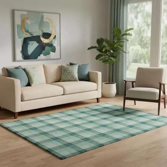 Aqua Ivory And Green Plaid Washable Area Rug With UV Protection Photo 2