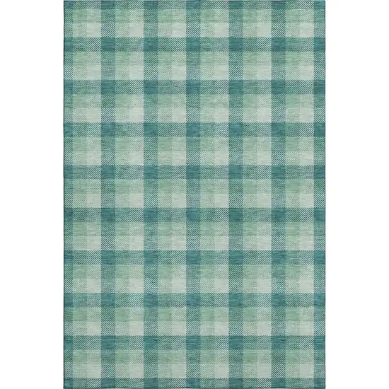 Aqua Ivory And Green Plaid Washable Area Rug With UV Protection Photo 1